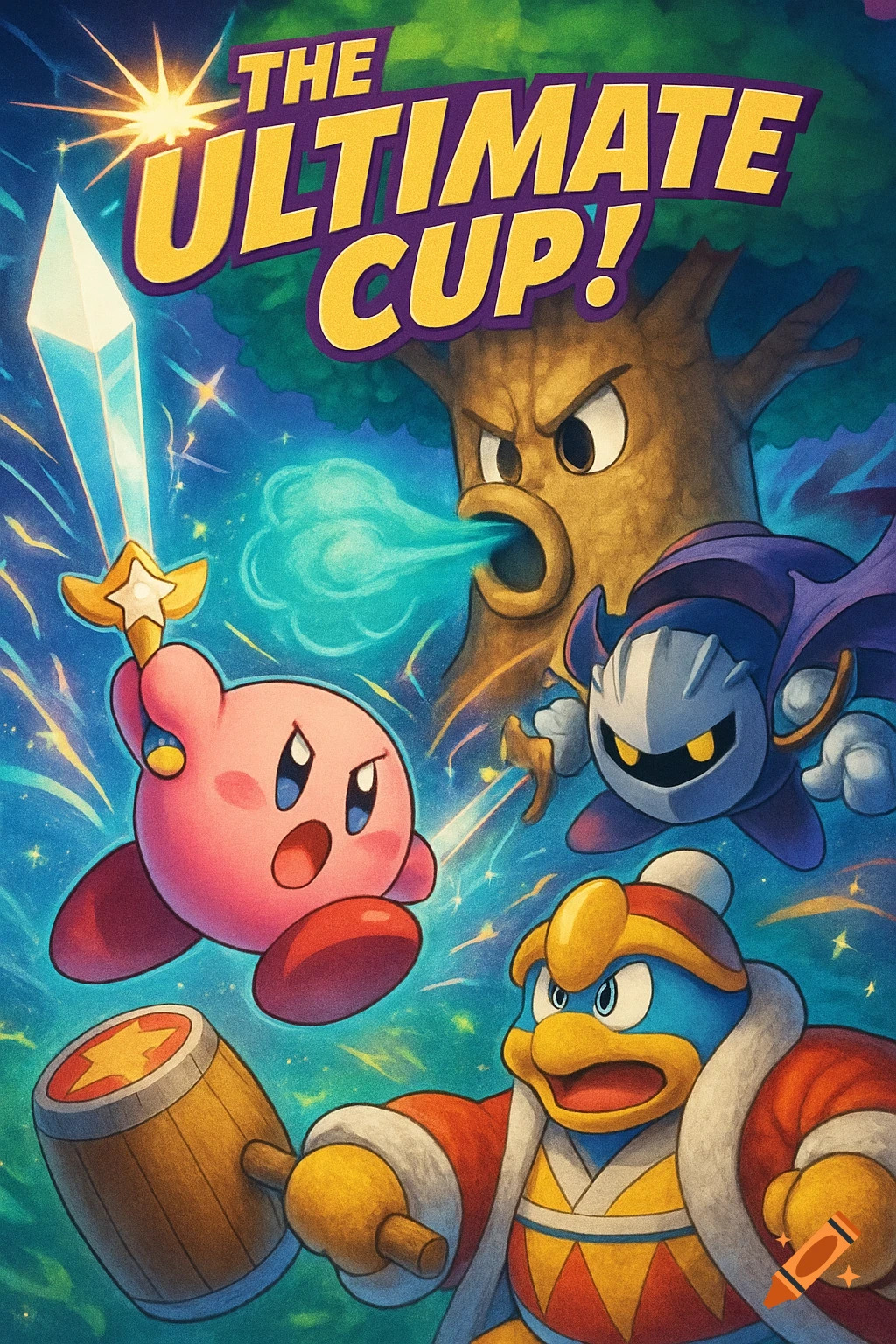 Kirby, Meta Knight, King Dedede, and Whispy Woods in a dynamic battle illustration titled 'THE ULTIMATE CUP!'.