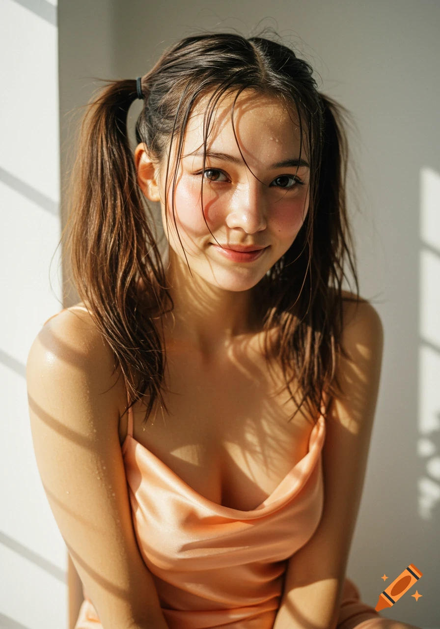Photorealistic portrait of a young woman with wet pigtails, flushed cheeks, and a shy smile, wearing a peach silk dress in soft sunlight.
