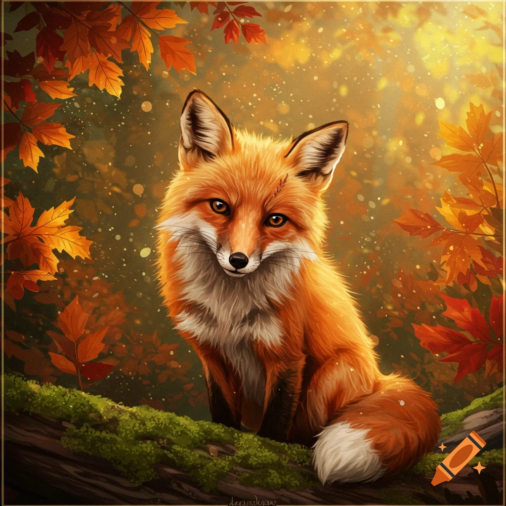 A cute red fox with a small scar on its face sits on a mossy log in an autumnal forest with golden leaves and dappled sunlight.