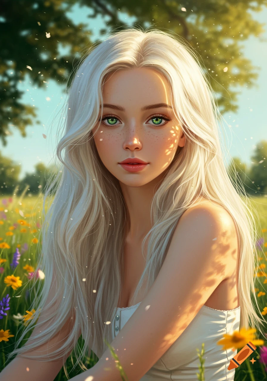 A young woman with long blonde hair, green eyes, and freckles sits in a sunny field of wildflowers.