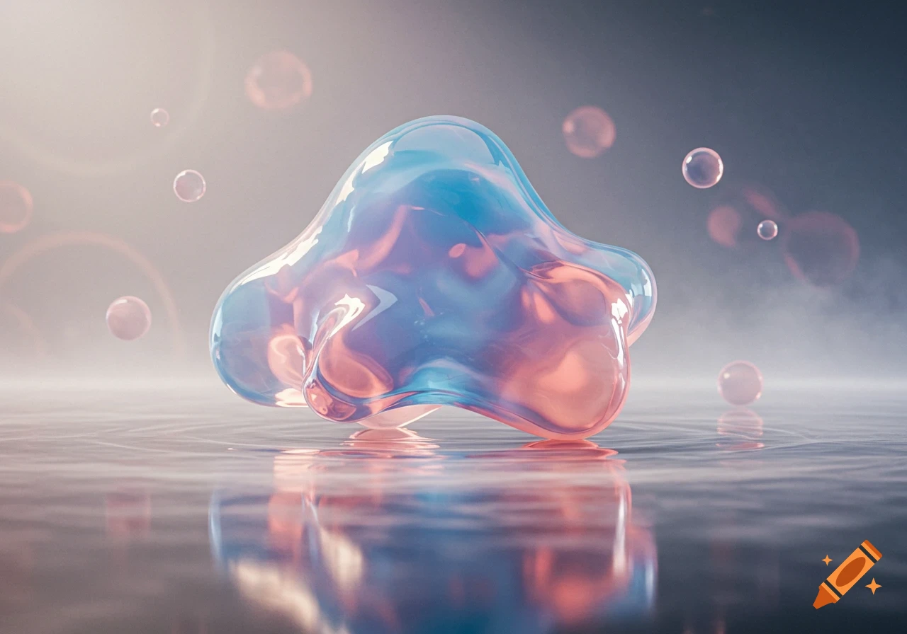Translucent iridescent blue and pink blob on a reflective water surface with small bubbles, digital art.