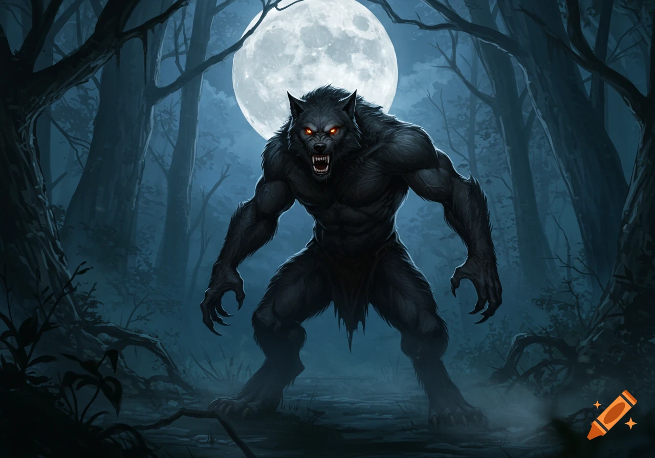 A menacing werewolf with glowing red eyes stands in a dark forest under a full moon, in a digital art style.