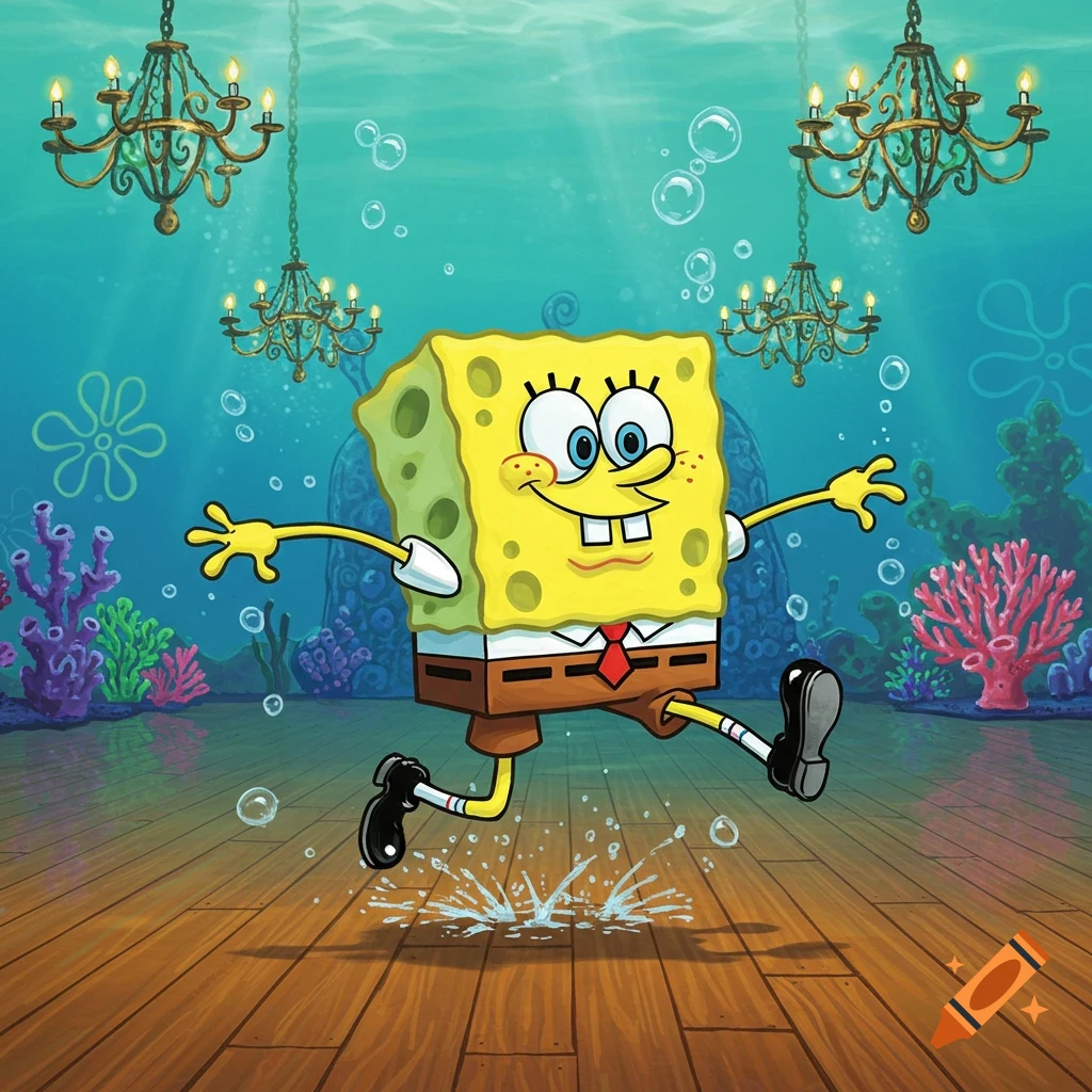 SpongeBob SquarePants tap dancing on a wooden floor, splashing water, in an underwater ballroom with chandeliers and coral.