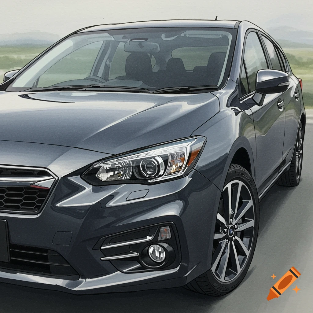 A close-up, cel-shaded illustration of a dark gray 2019 Subaru Impreza hatchback with a simple background.