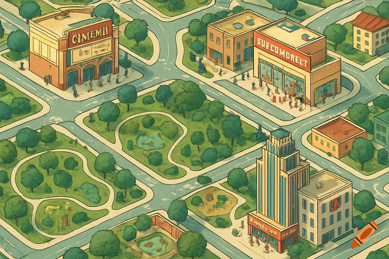 An isometric cartoon-style map of a city showing a cinema, supermarket, parks, and other buildings with roads and trees.