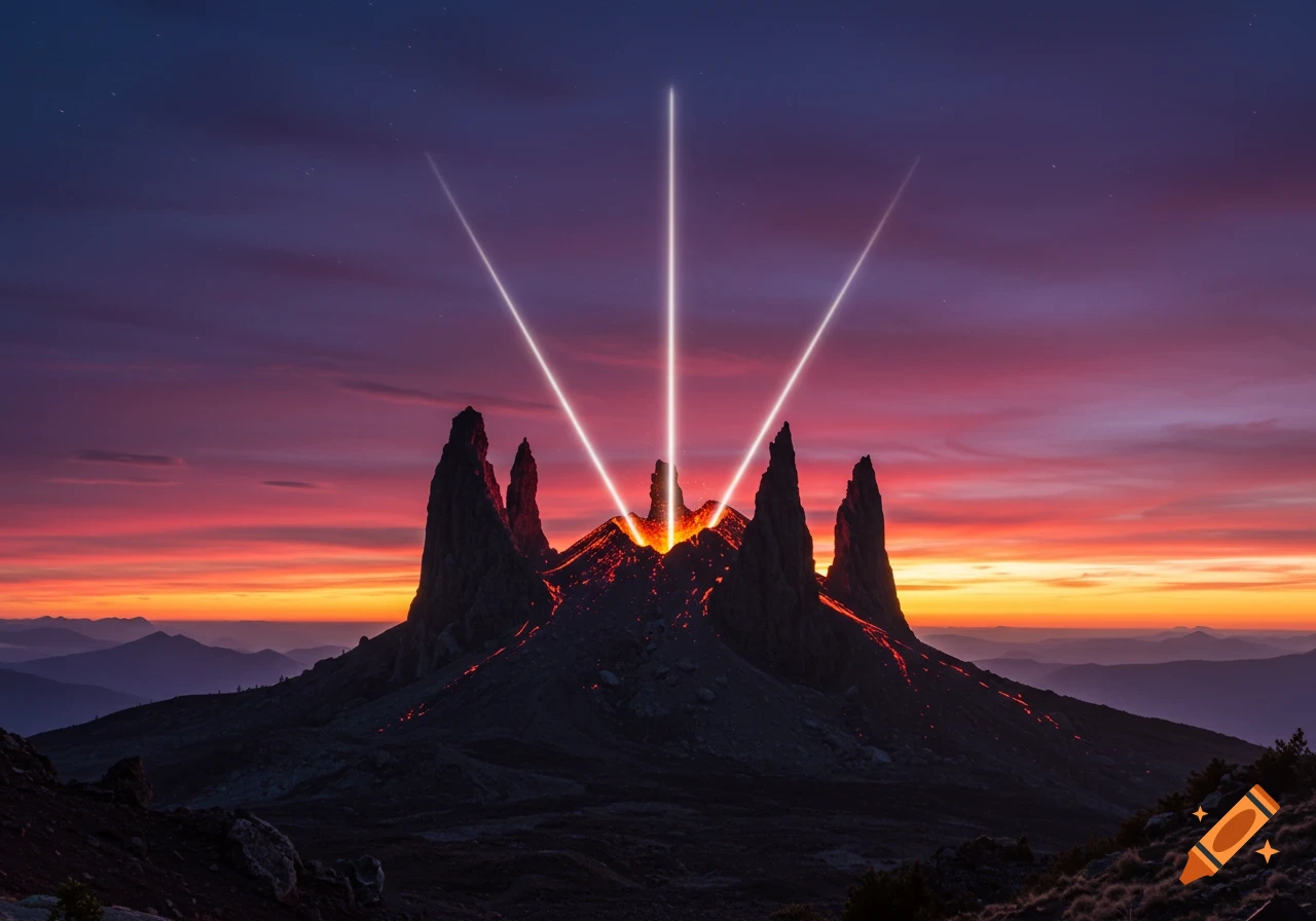 Four jagged peaks of a volcanic mountain erupt with glowing lava and three white light beams against a vibrant purple and orange sunset sky.