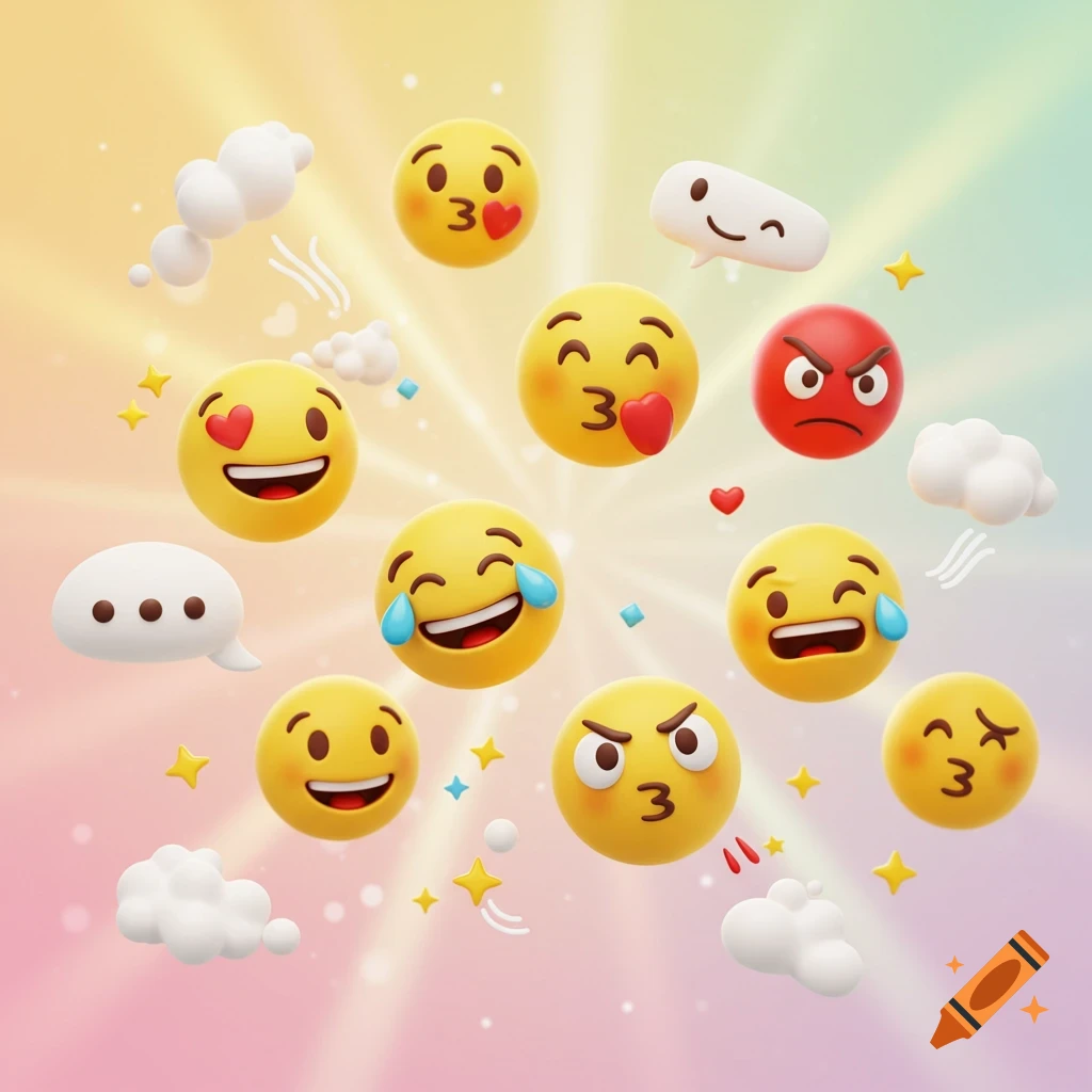 Vibrant 3D emojis like laughing, angry, and kissy faces float on a soft, radiant rainbow background with clouds.