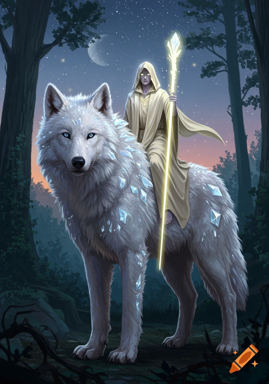 A hooded figure rides a large white wolf with glowing crystal fur through a starlit twilight forest, fantasy illustration style.