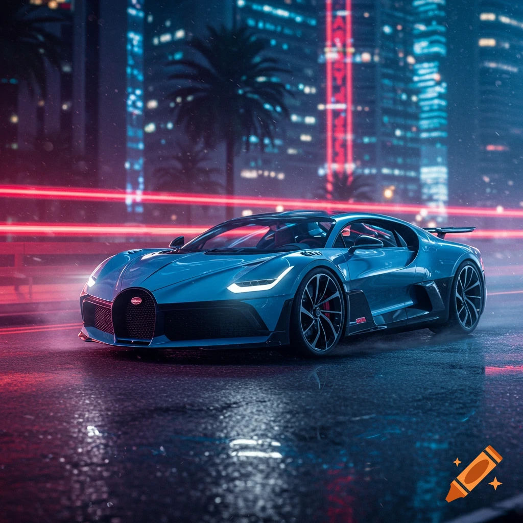 Photorealistic blue Bugatti Divo supercar on a wet street at night, with neon city lights in the background.