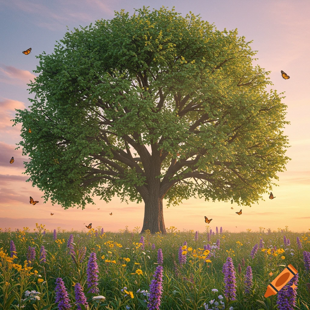 A vibrant field of purple and yellow wildflowers surrounding a large green tree, with monarch butterflies flying under a sunset sky.