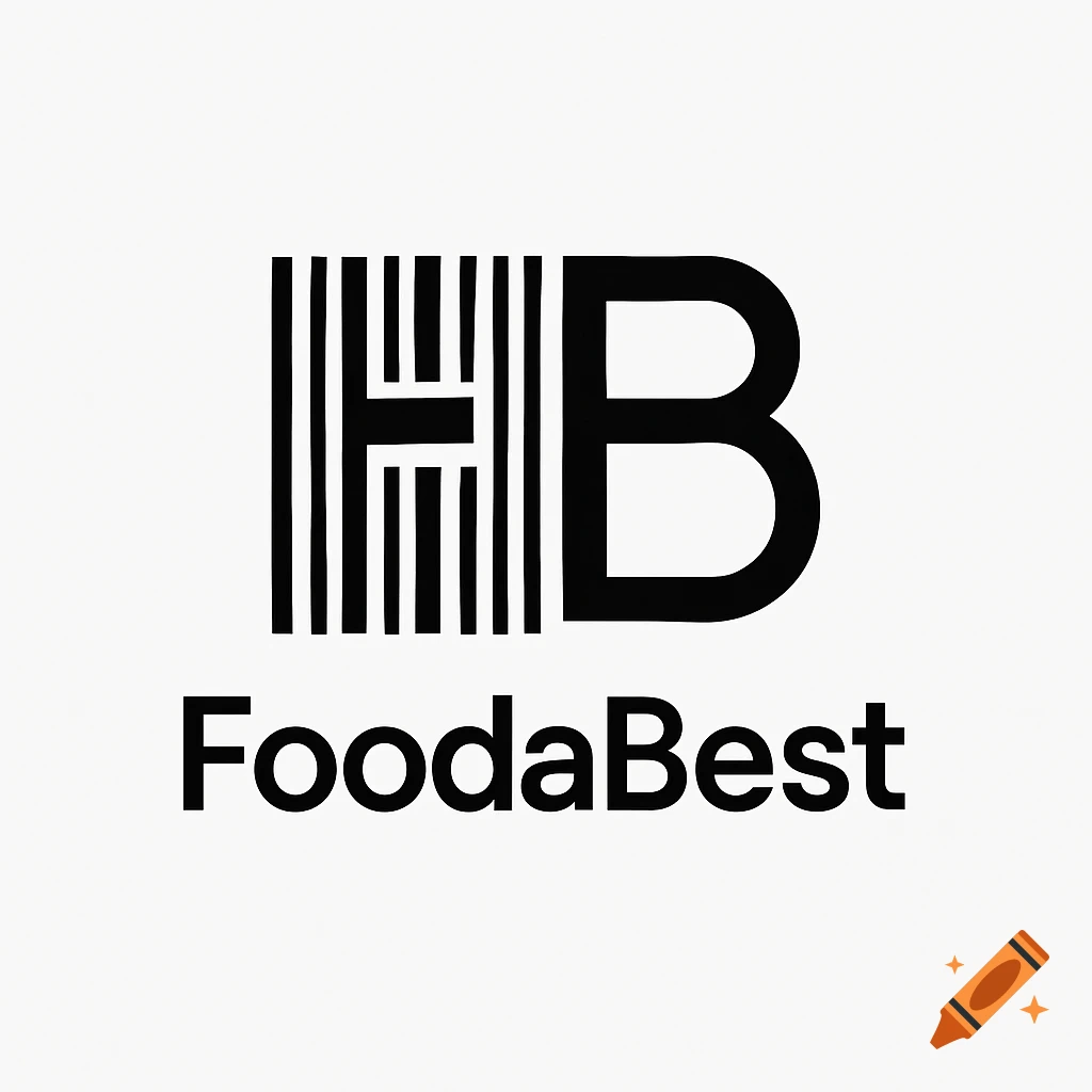 Minimalistic black and white logo for 'FoodaBest' food app, featuring stylized 'F' and 'B' letters formed by vertical bars resembling a barcode.