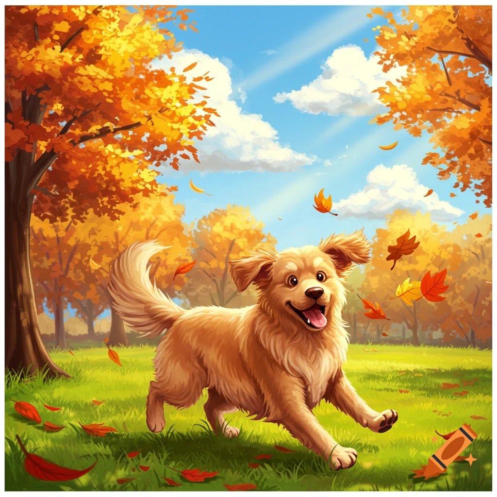 A happy golden-colored dog runs through an autumn park with orange trees and falling leaves in a bright, cartoonish style.