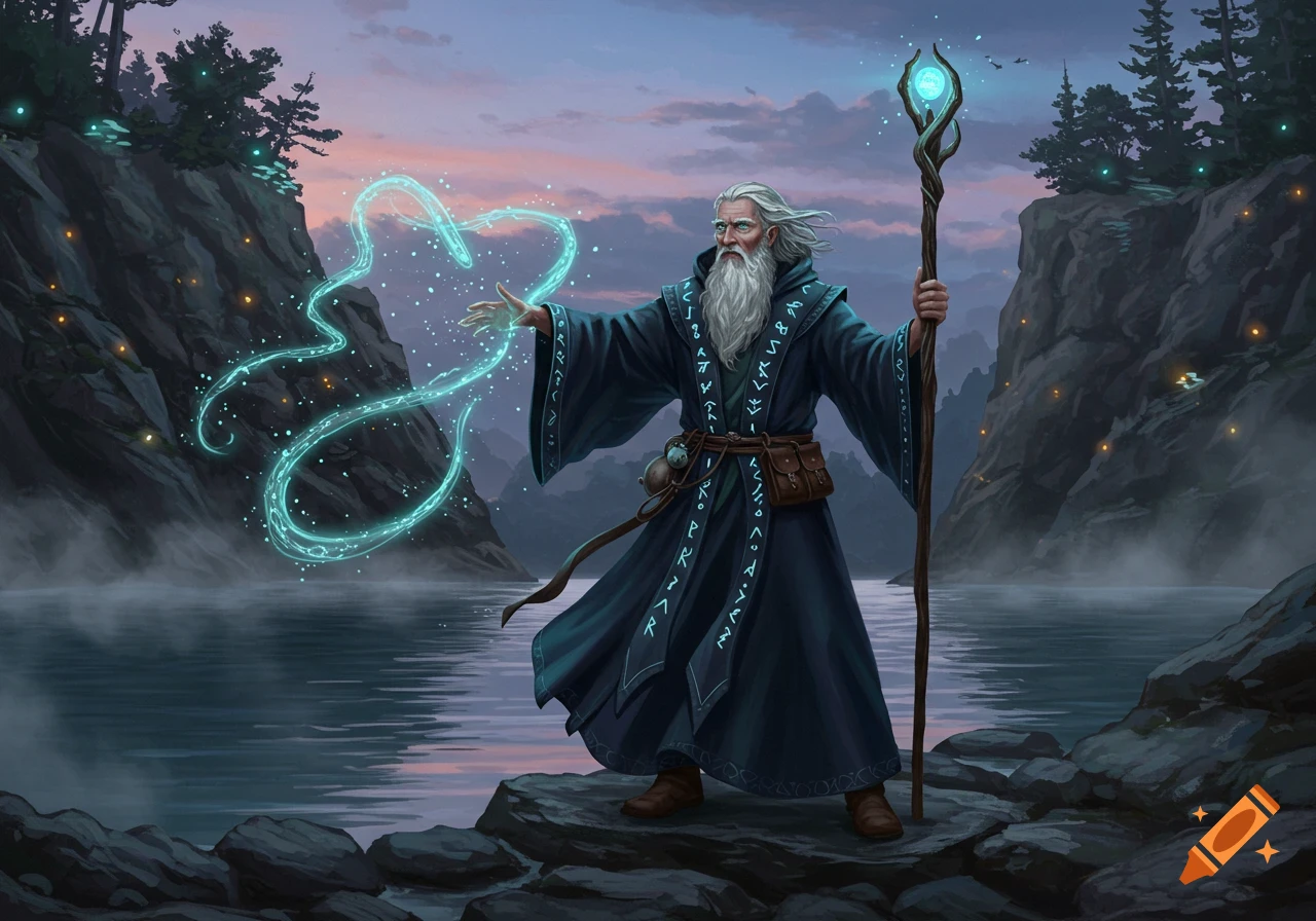 A bearded old wizard casts a glowing blue spell by a twilight lake with rocky cliffs.