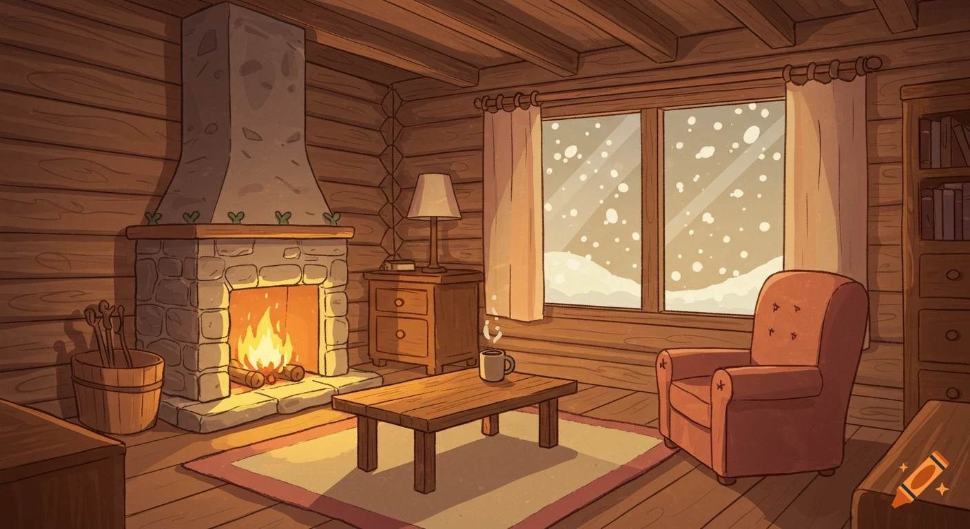 A warm, cartoony log cabin interior with a glowing fireplace, a comfy armchair, and a window showing soft snowfall outside.