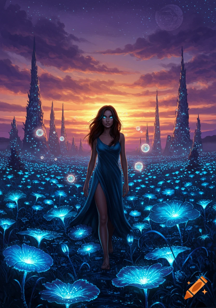 A brunette in a blue dress with glowing eyes walks through a field of glowing blue alien plants under a purple sunset, with tall spires and a moon.