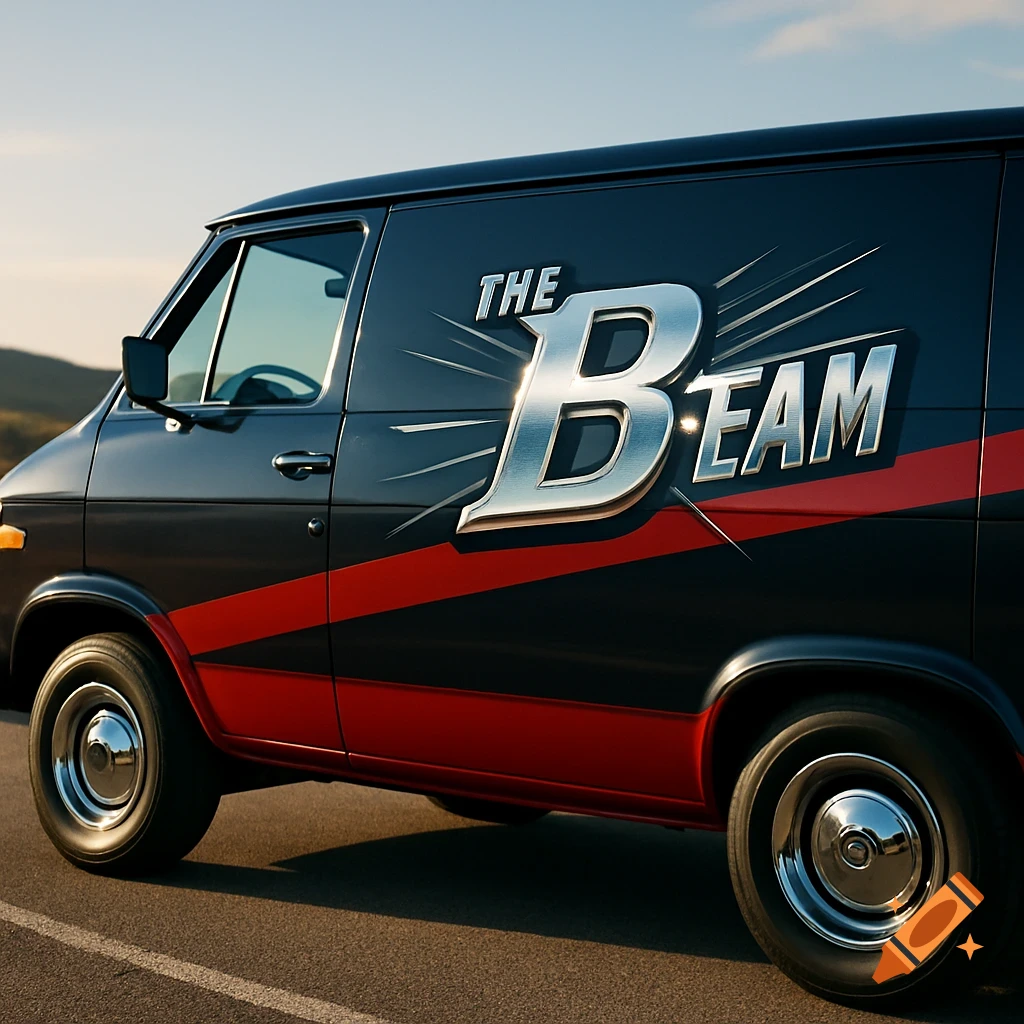 A black van with a red stripe and a large, metallic 'THE B-TEAM' logo on its side, viewed from a low angle on a sunny day.
