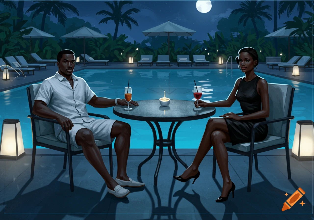 Illustrative image of a Black couple enjoying drinks by a resort pool at night under a full moon.