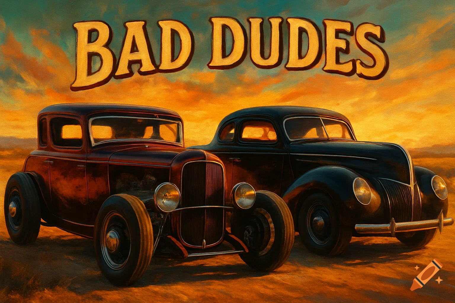 Two classic hot rod cars, a 1932 and a 1937 Ford, stand against an orange sunset sky with the text 'BAD DUDES' overhead, in a painted style.