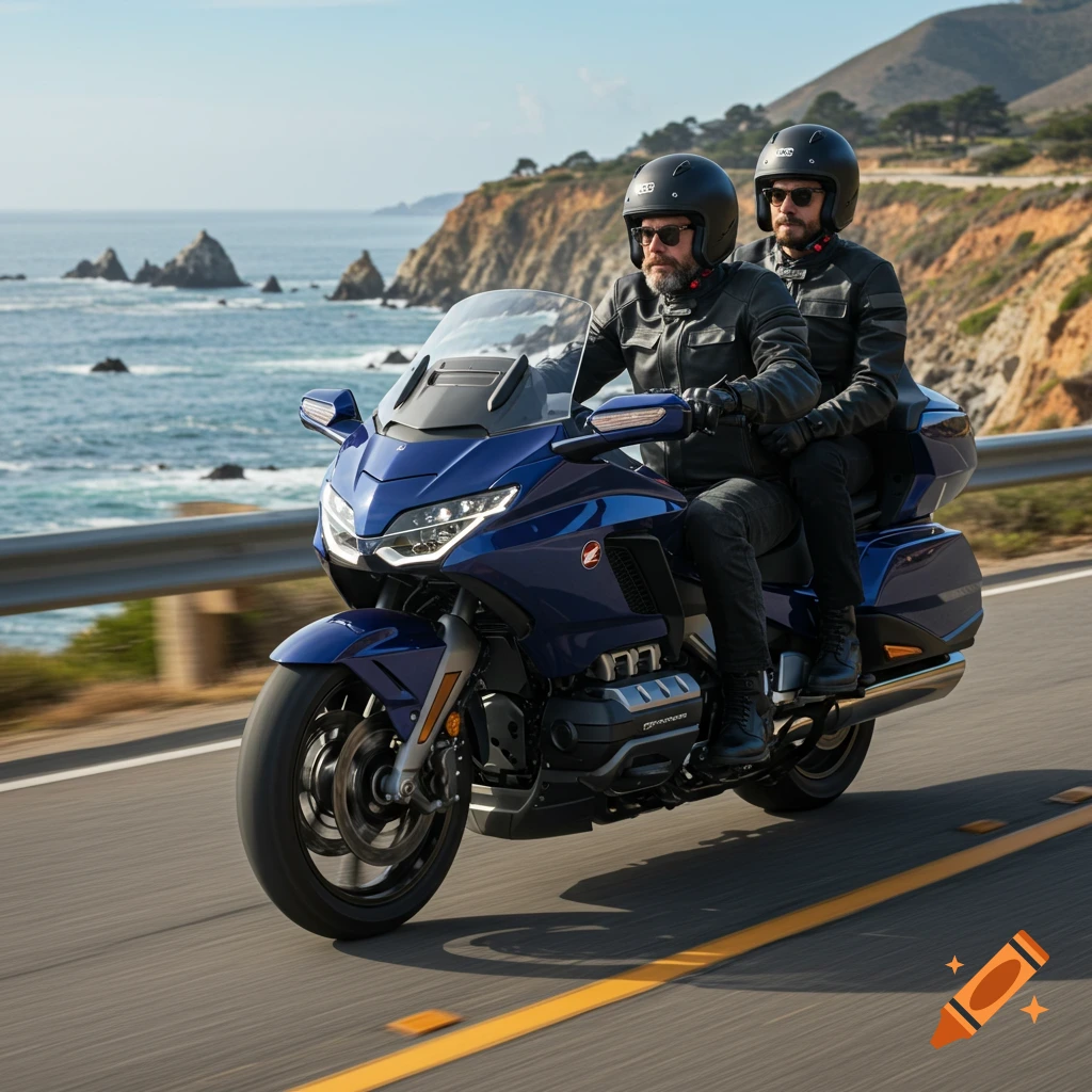 Two men ride a blue Honda Goldwing motorcycle on a scenic coastal highway with the ocean and cliffs in the background.