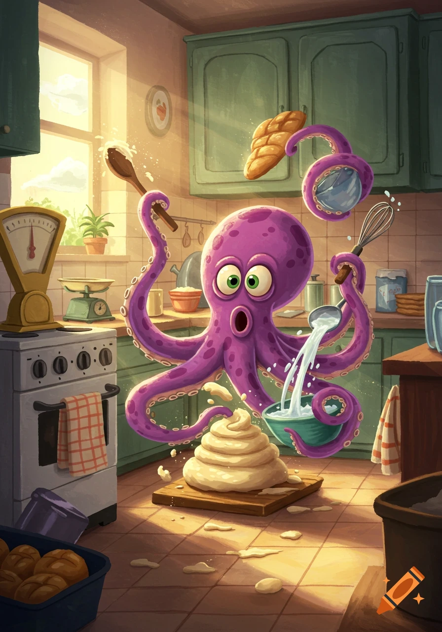 A chaotic purple cartoon octopus bakes in a sunny kitchen, accidentally pouring too much water into bread dough.