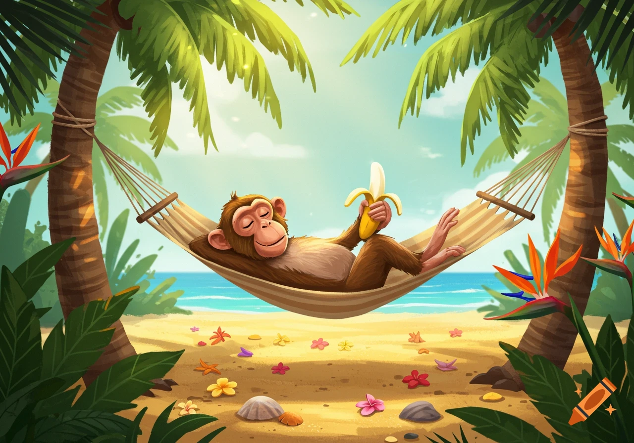 Cartoon illustration of a happy monkey relaxing in a hammock on a tropical beach, holding a peeled banana.