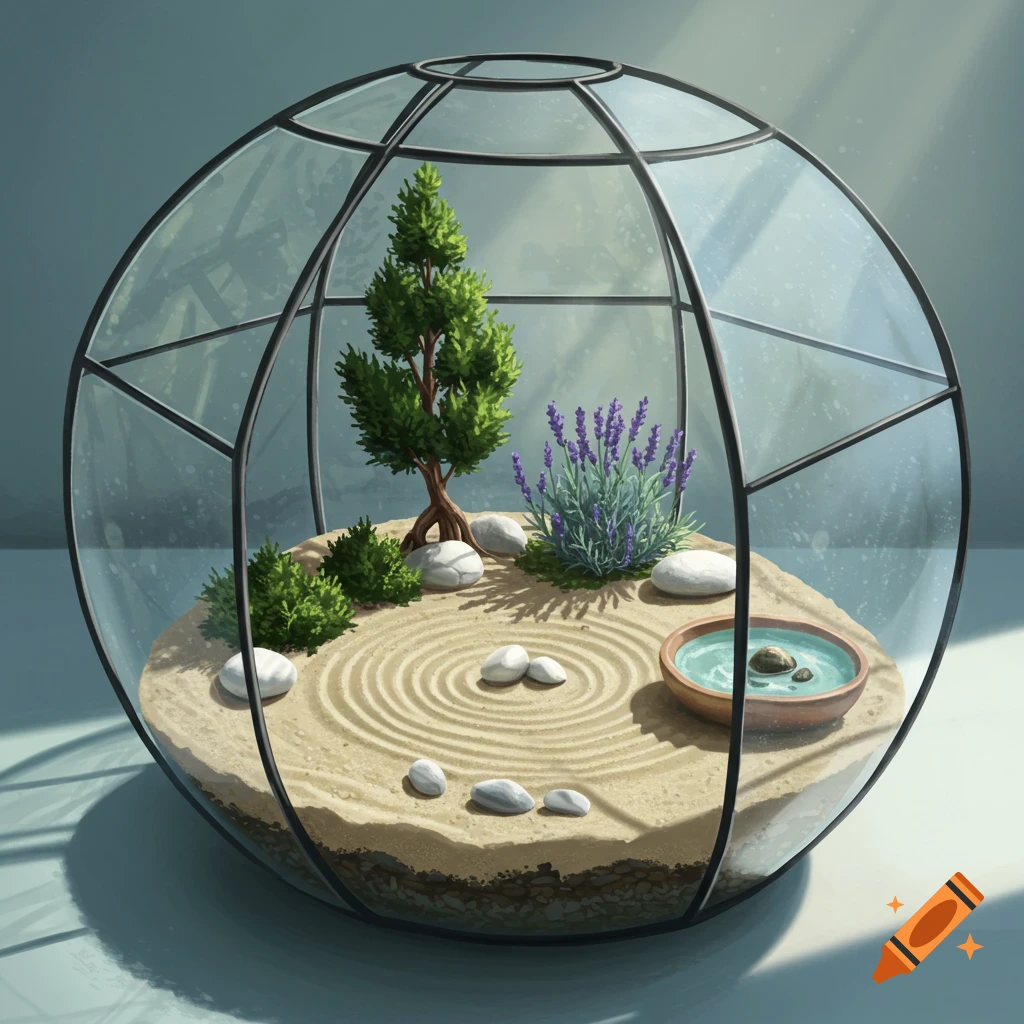A detailed mini zen garden inside a round glass terrarium, with a small tree, lavender, bushes, white rocks, raked sand, and a tiny water pool.