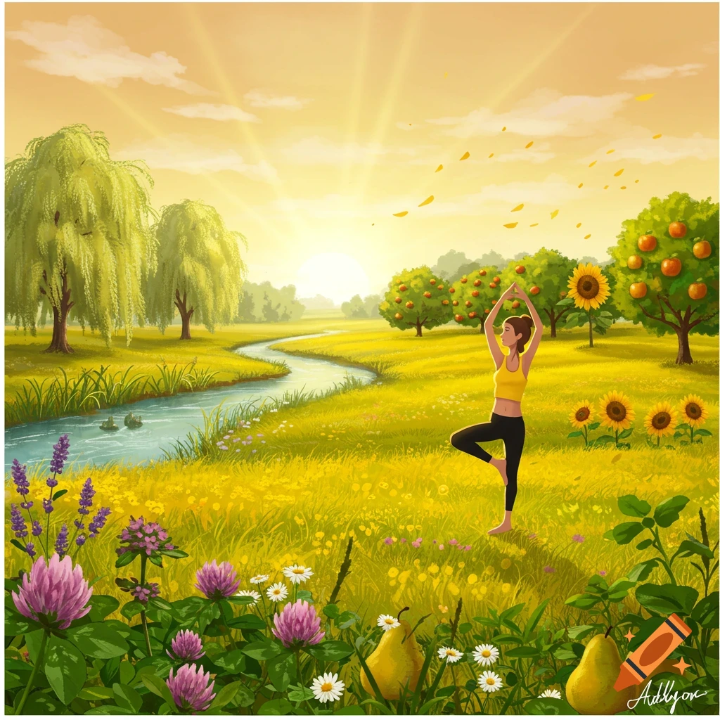Illustrated woman in a yoga tree pose in a vibrant sunny meadow with a river, trees, and wildflowers.