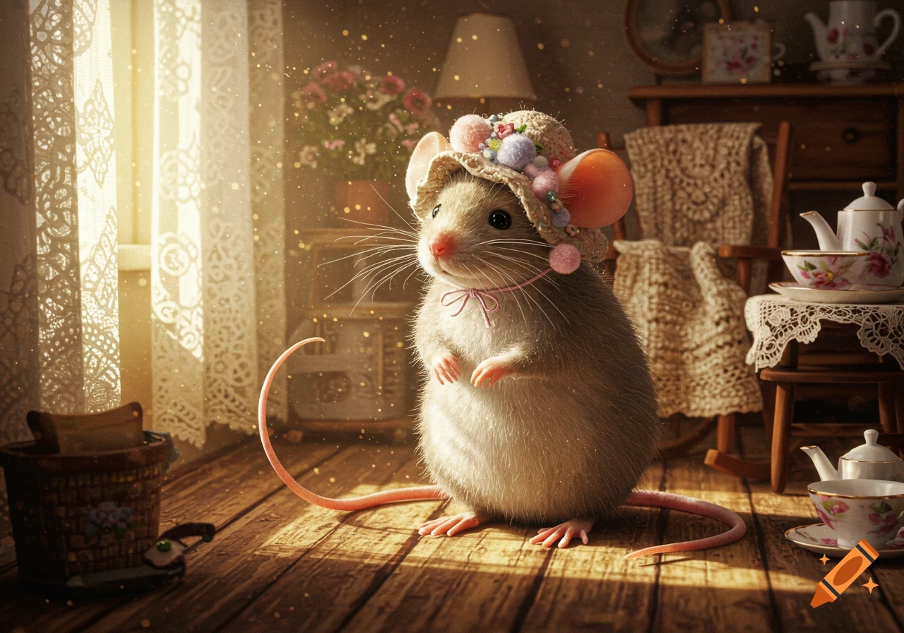 A photorealistic image of a cute mouse wearing a decorated straw hat and a pink bow, standing on a wooden floor in a sunny, cozy room with lace curtains and a tea set.