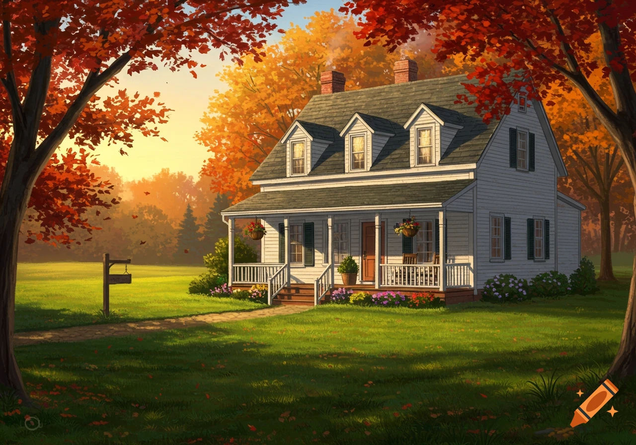 An illustrated white house with a porch, surrounded by vibrant red and orange autumn trees under a clear sky.