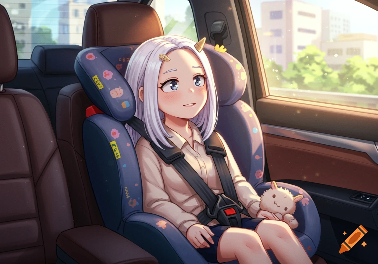 Anime girl Eri from My Hero Academia sitting in a car child seat, buckled in, holding a small stuffed animal.