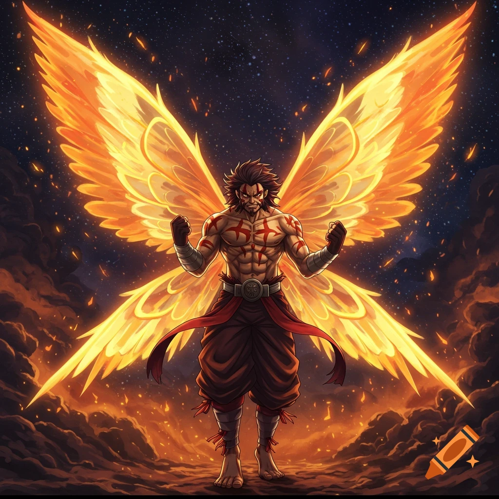 Anime style muscular warrior with glowing red tattoos and large fiery wings stands in smoke against a starry night sky.