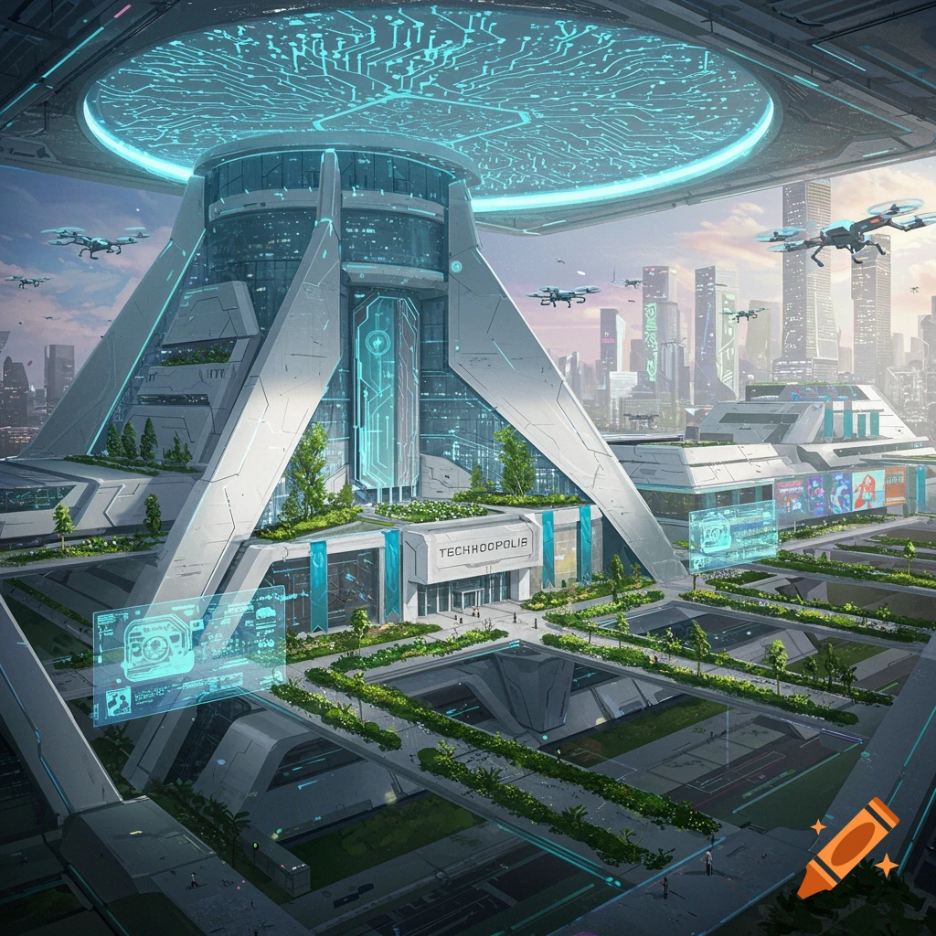 A grand, gleaming white futuristic building with circuit board patterns, surrounded by a tech city and flying drones.