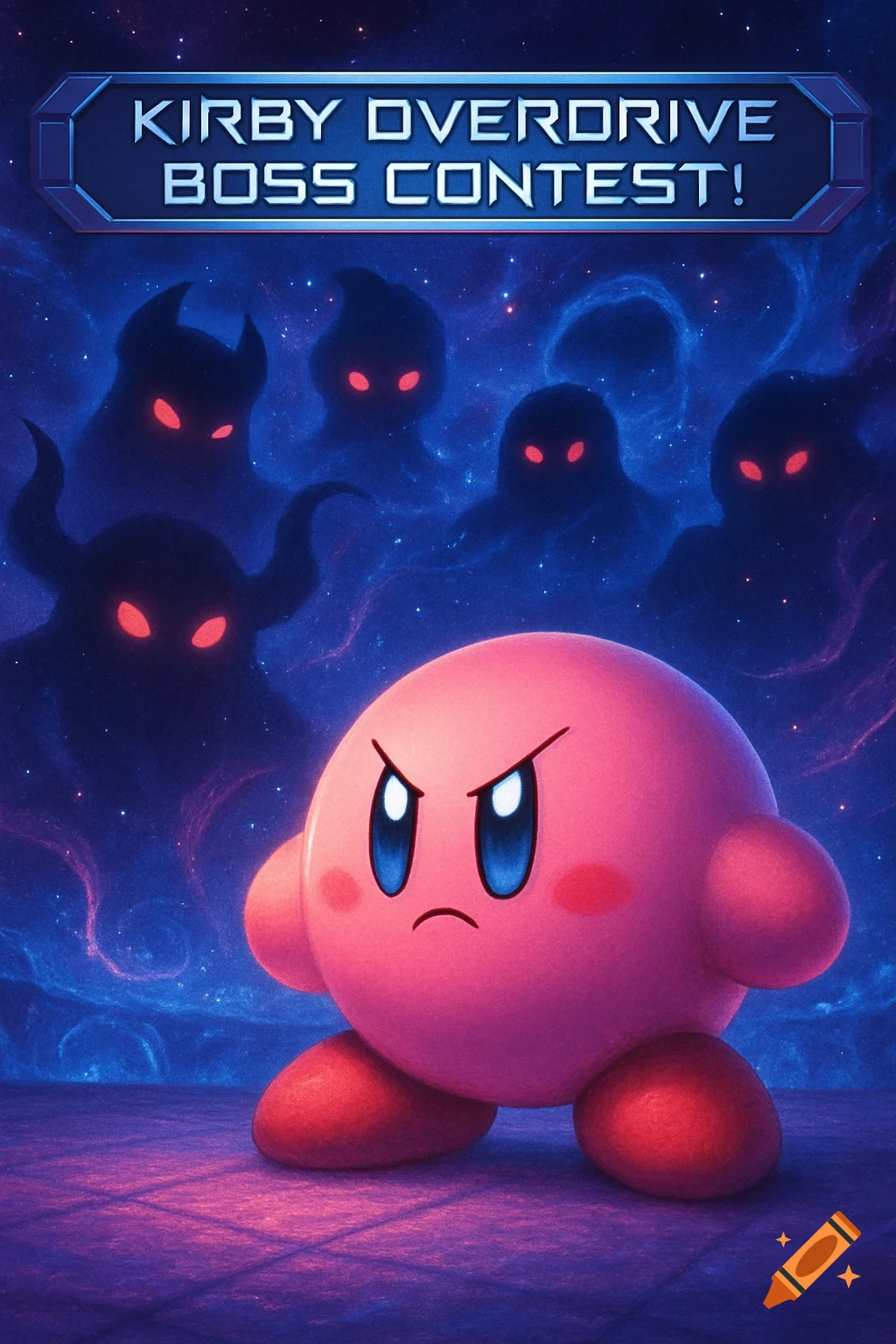 Angry Kirby confronts multiple shadowy boss figures with glowing red eyes in a cosmic setting. Text: 'Kirby Overdrive Boss Contest!'.