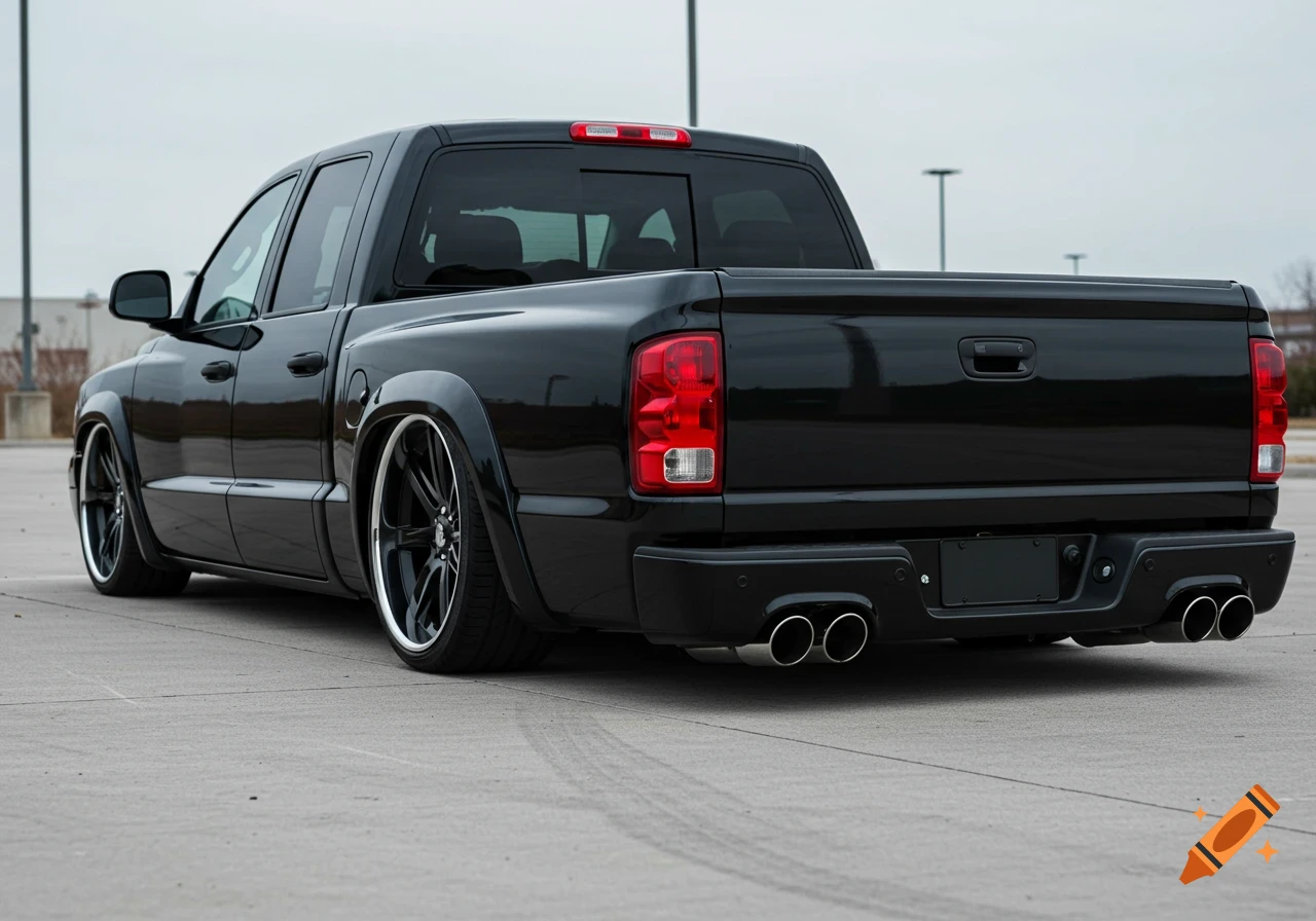 Photorealistic rear view of a slammed black custom pickup truck with quad exhaust tips on a concrete lot.
