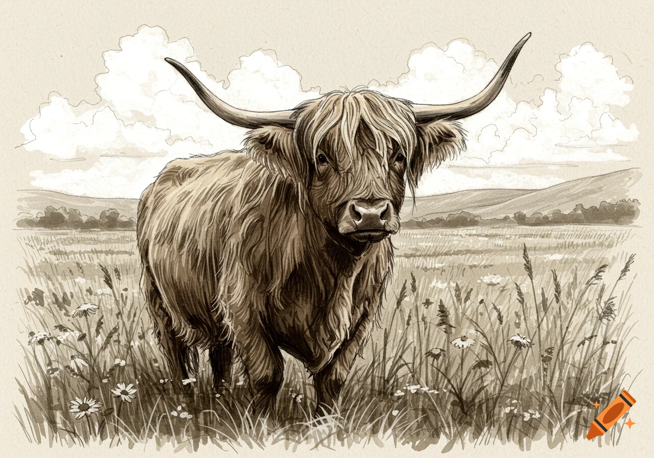 A detailed sepia sketch of a shaggy Highland cow with long horns standing in a grassy field with clouds.