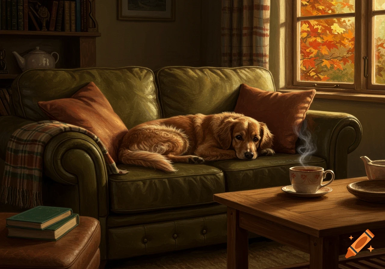 A golden retriever dog rests on a green leather sofa in a cozy living room, with autumn leaves visible outside a window.