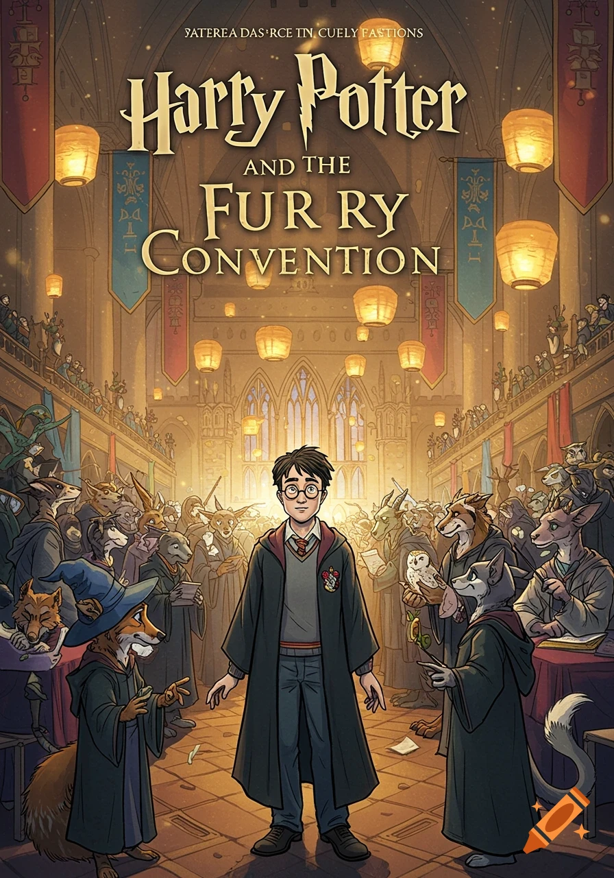 Illustrated book cover depicting Harry Potter standing in a grand hall filled with various anthropomorphic animals (furries) in robes, under lanterns. Title reads "Harry Potter and the Furry Convention."