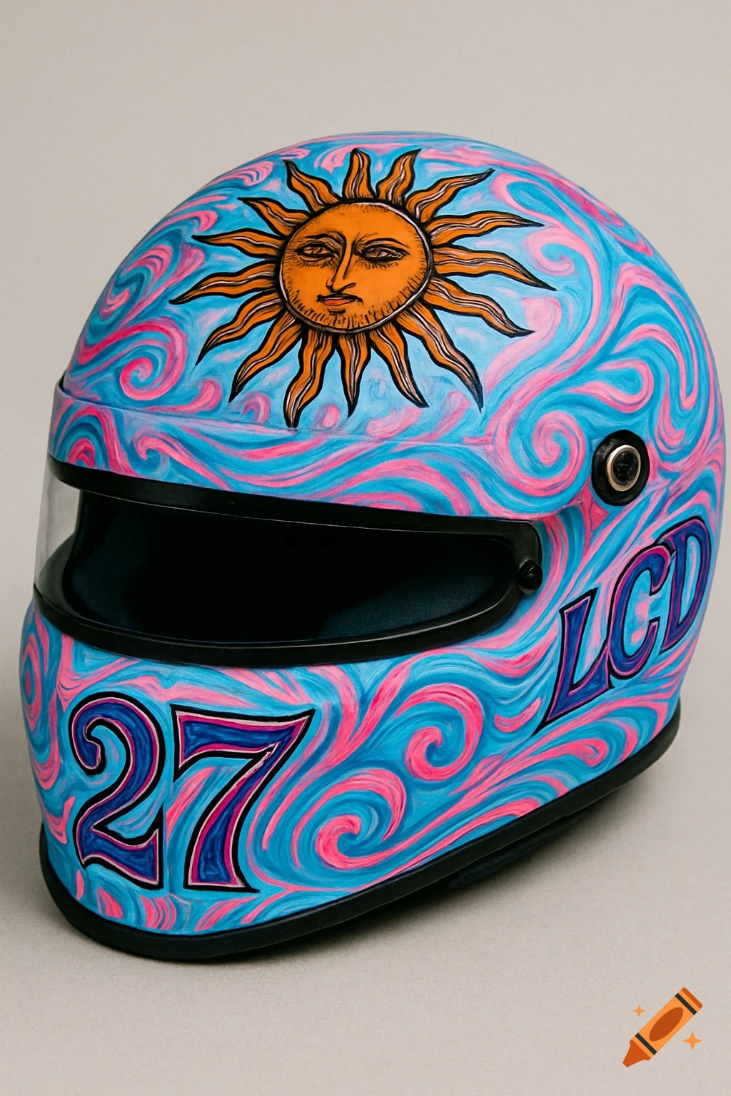 A vibrant blue and pink swirling racing helmet featuring an orange sun design and the numbers "27" and letters "LCD" integrated into the swirls.