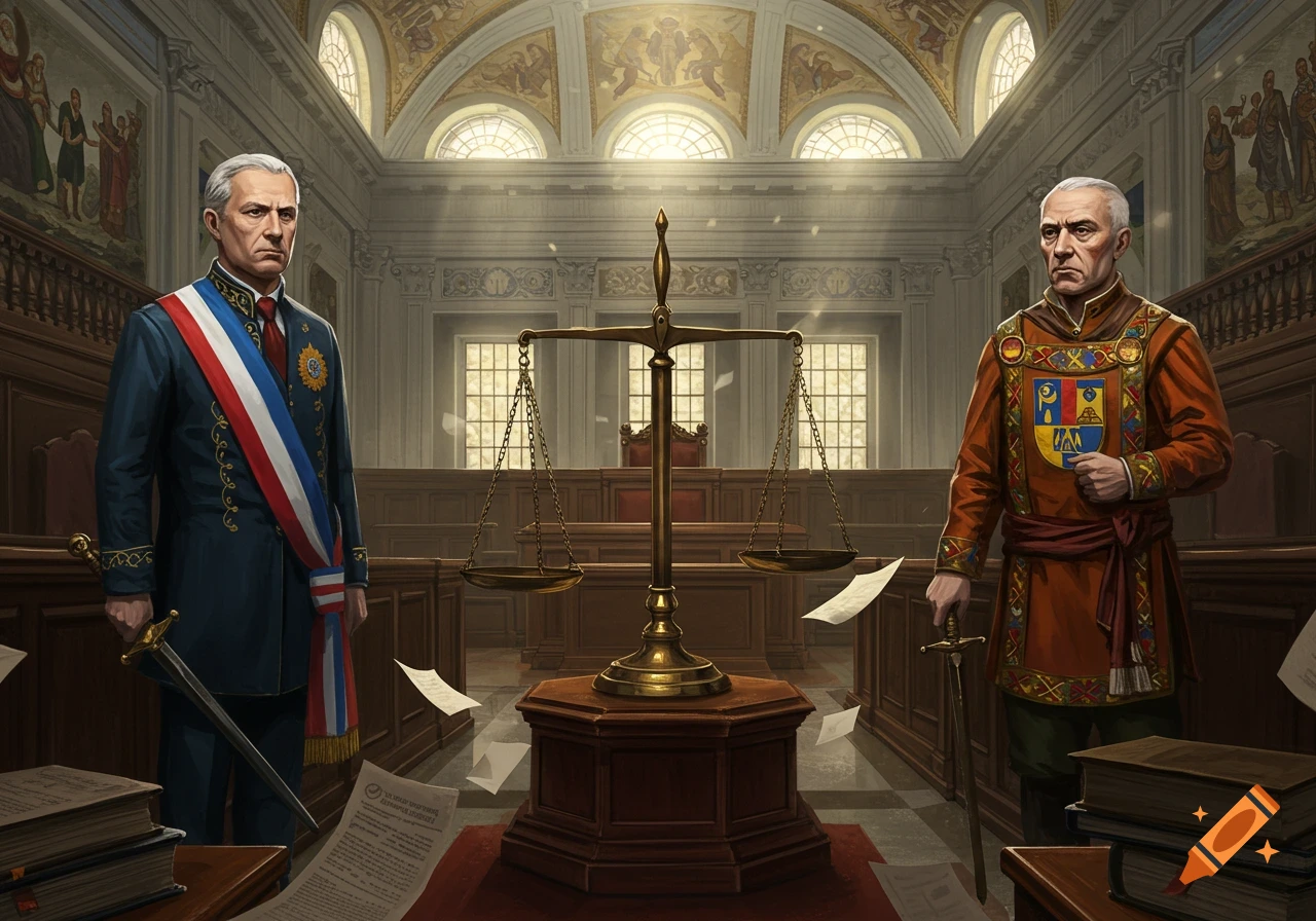 Two elaborately dressed men stand in an opulent courtroom with scales of justice at the center, surrounded by papers.