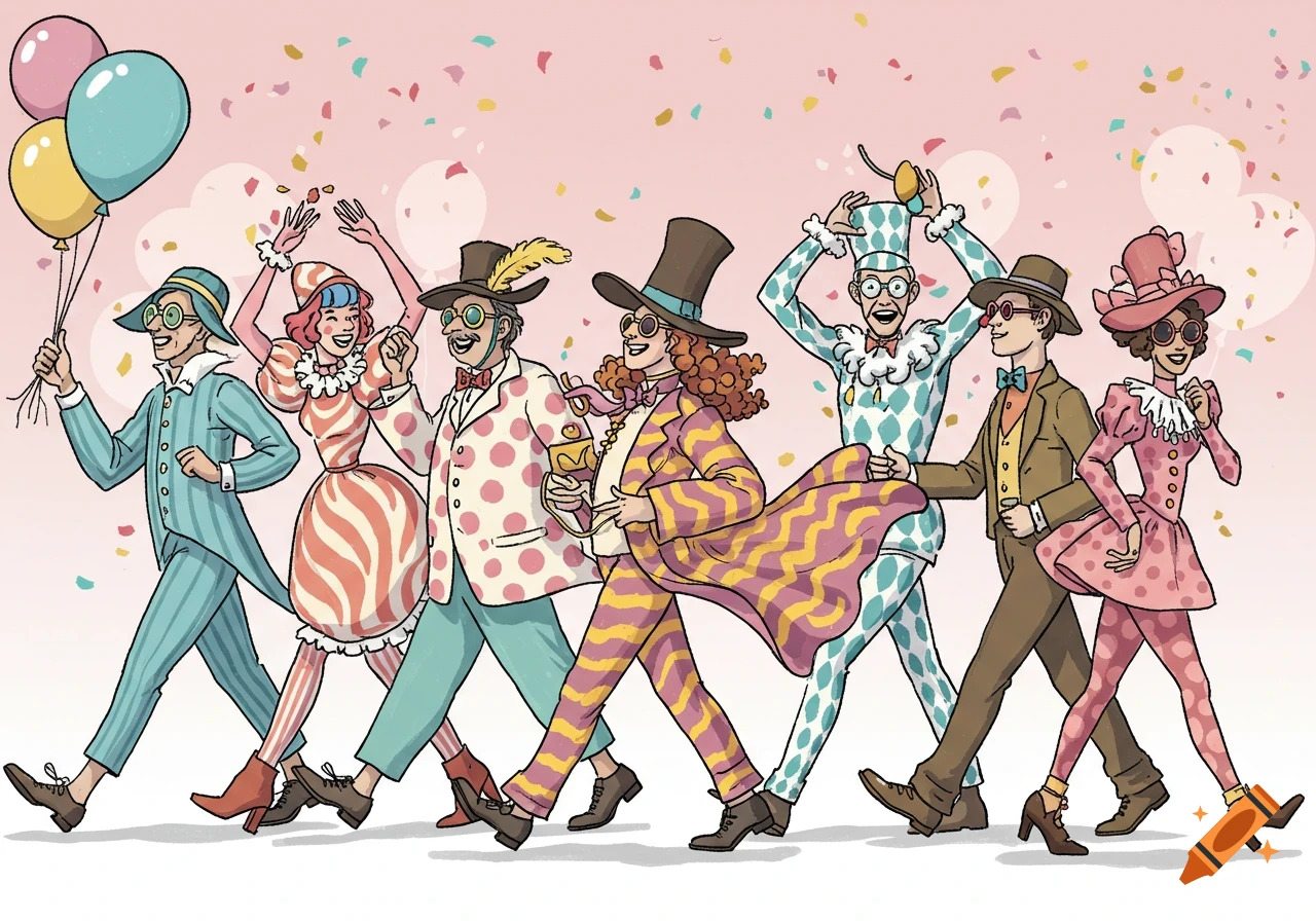 A colorful illustration of a funny parade with several people in whimsical costumes, holding balloons and celebrating with confetti.