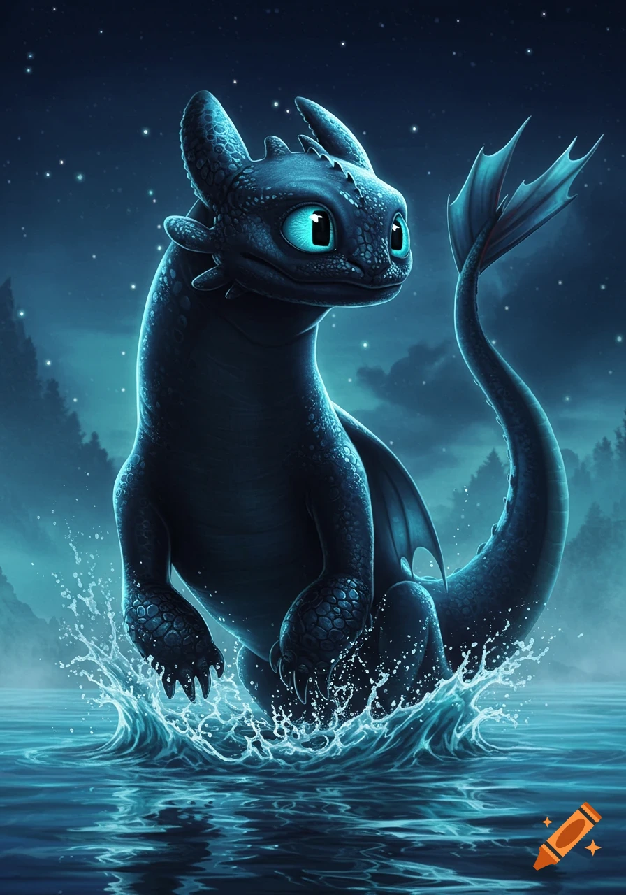 A cartoonish dark blue dragon with glowing blue eyes, resembling Toothless, splashes in moonlit water under a starry sky.