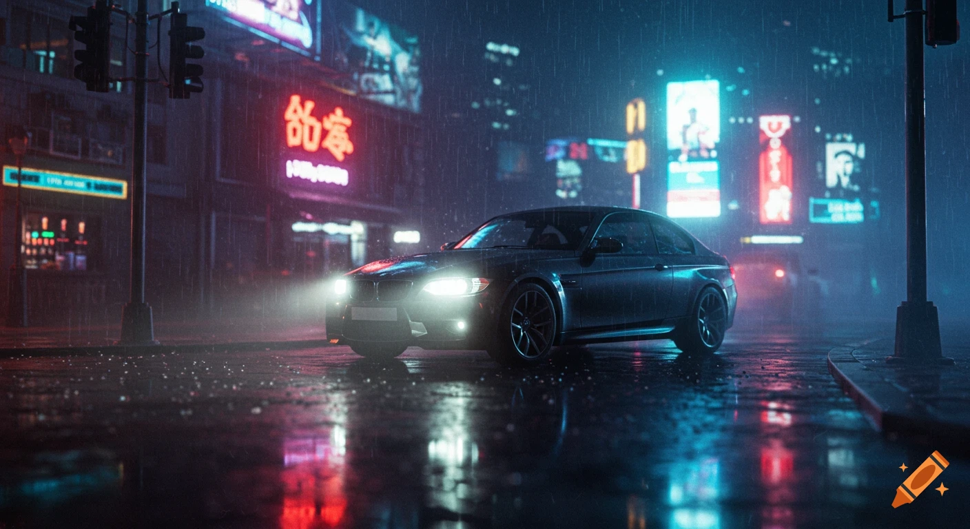 A sleek dark car with bright headlights on a wet, rainy city street at night, reflecting vibrant neon signs.