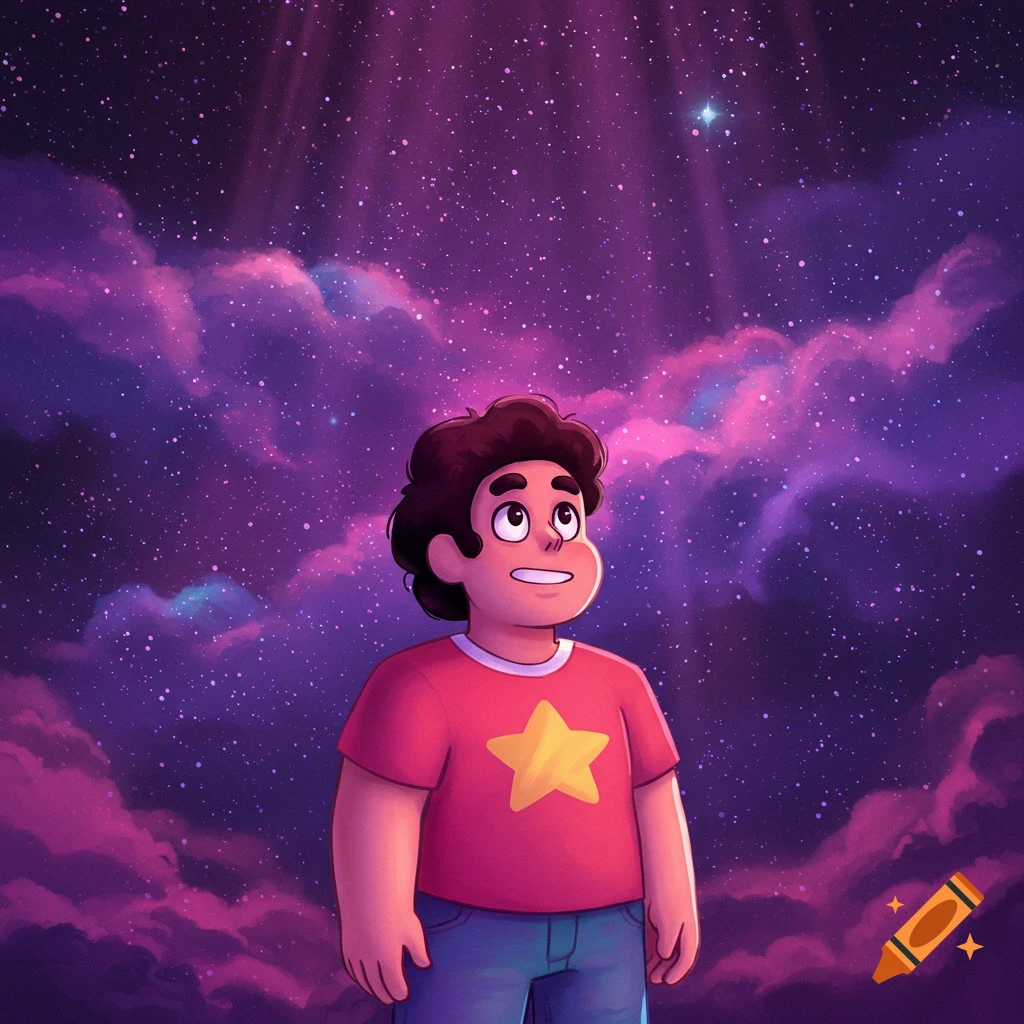 Cartoon character Steven Universe looks up at a vibrant purple and pink starry nebula sky.