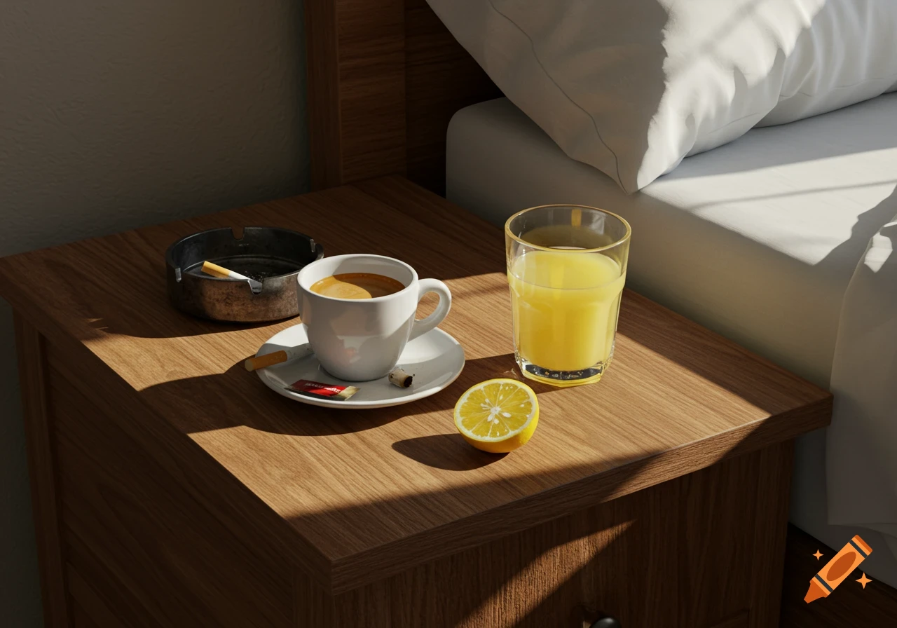 A realistic photo of an espresso cup, an ashtray with a cigarette, a glass of lemon juice, and a cut lemon on a wooden bedside table, lit by warm natural light.