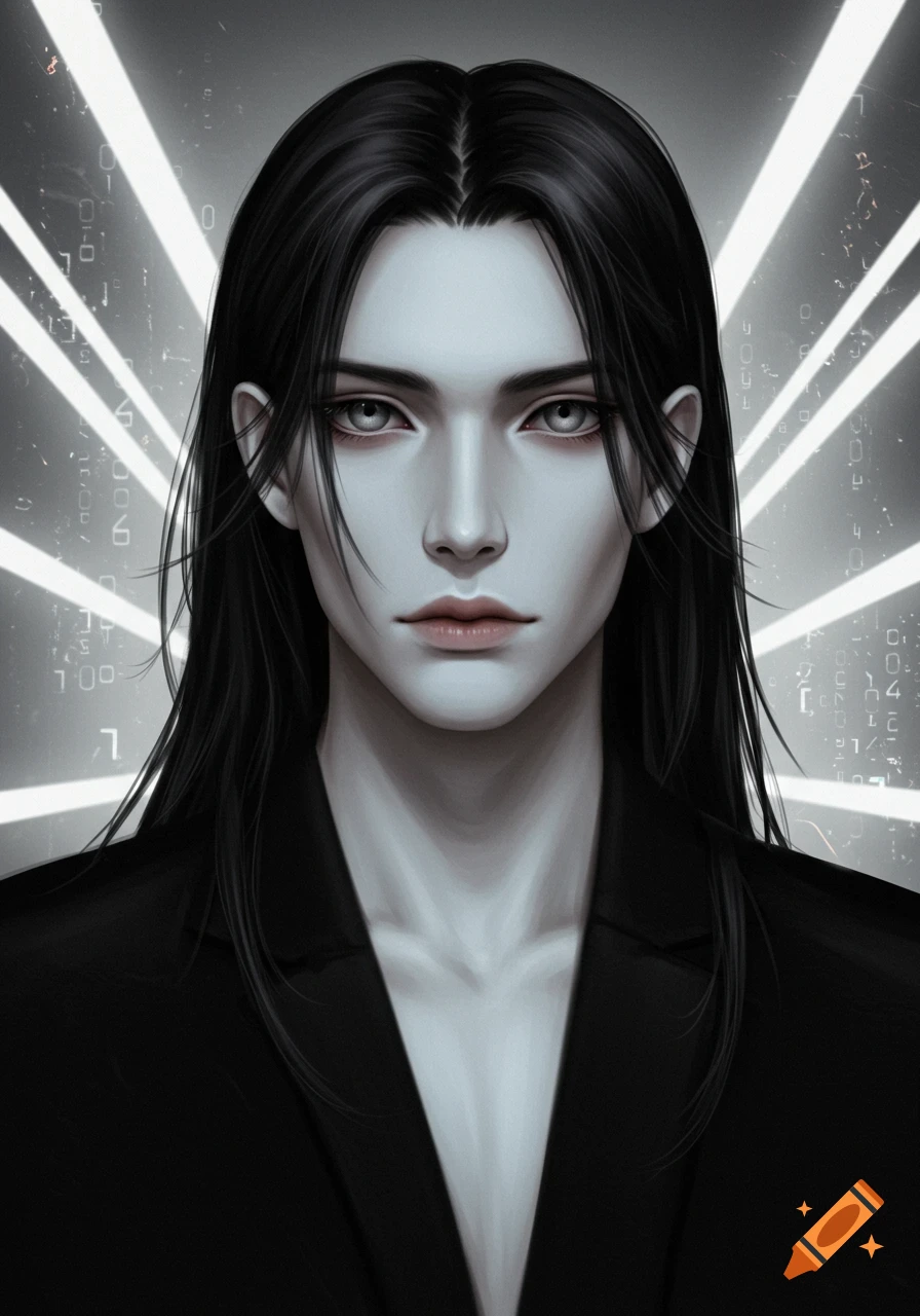 Digital art portrait of a pale-skinned young man with long black hair and grey eyes, wearing a black blazer, against a background of glowing white lines and digital code.