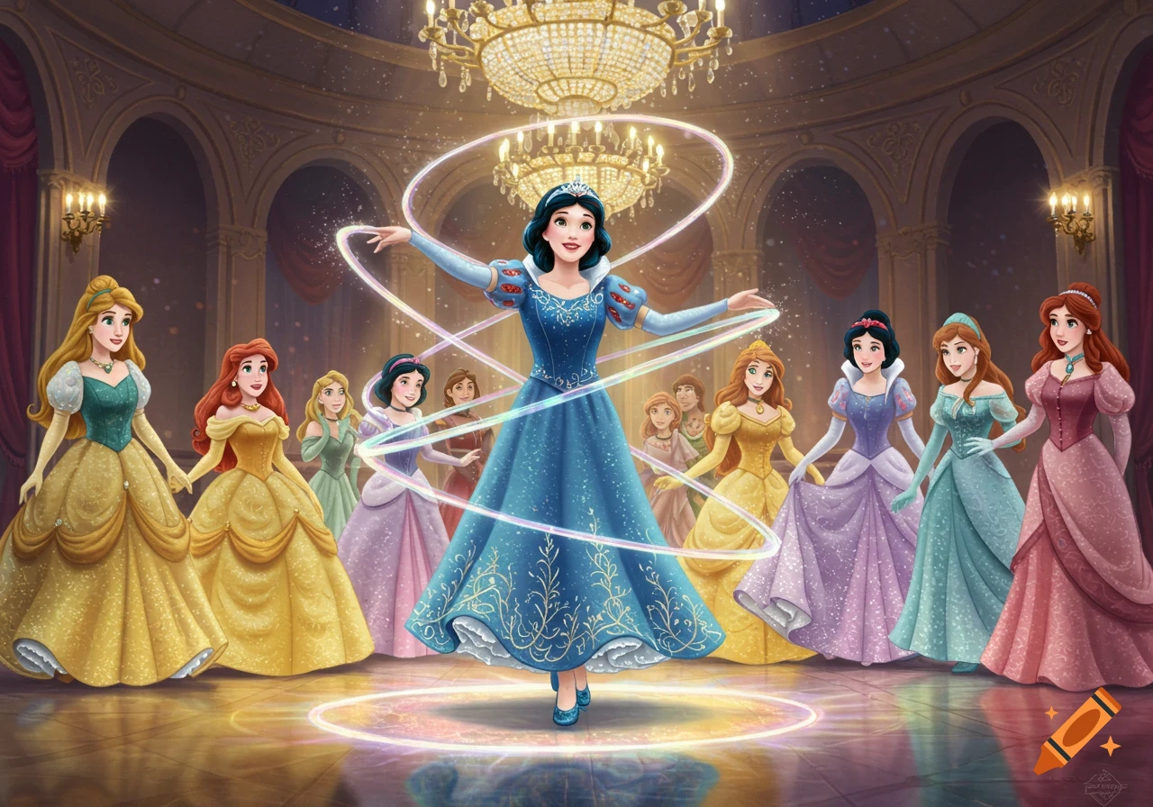 A central Disney-style princess in blue with magical glowing rings, surrounded by other princesses in a grand ballroom.