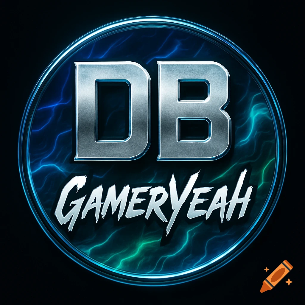 A metallic blue gaming logo features 'DB' prominently at the top and 'GamerYeah' below, encircled by a glowing blue ring with electric-like patterns.