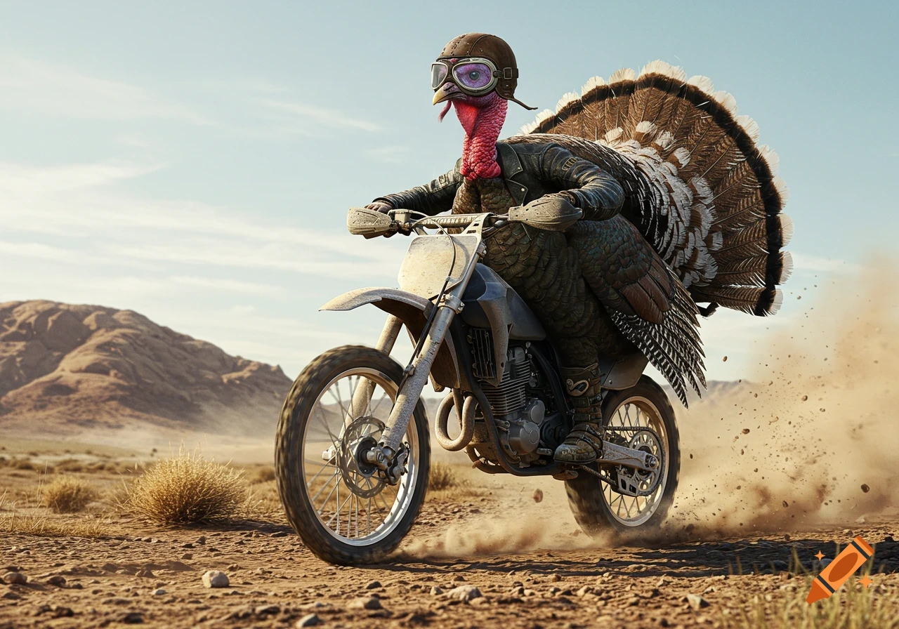 A photorealistic turkey in a leather jacket and helmet rides a dirt bike through a dusty desert, kicking up sand.