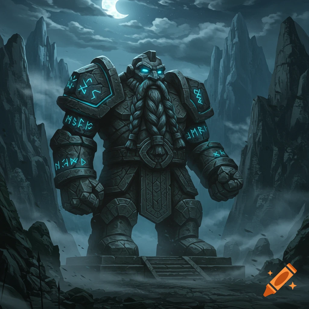 Colossal dwarven stone golem with glowing blue eyes and runes standing in a misty, moonlit mountain landscape in a fantasy art style.