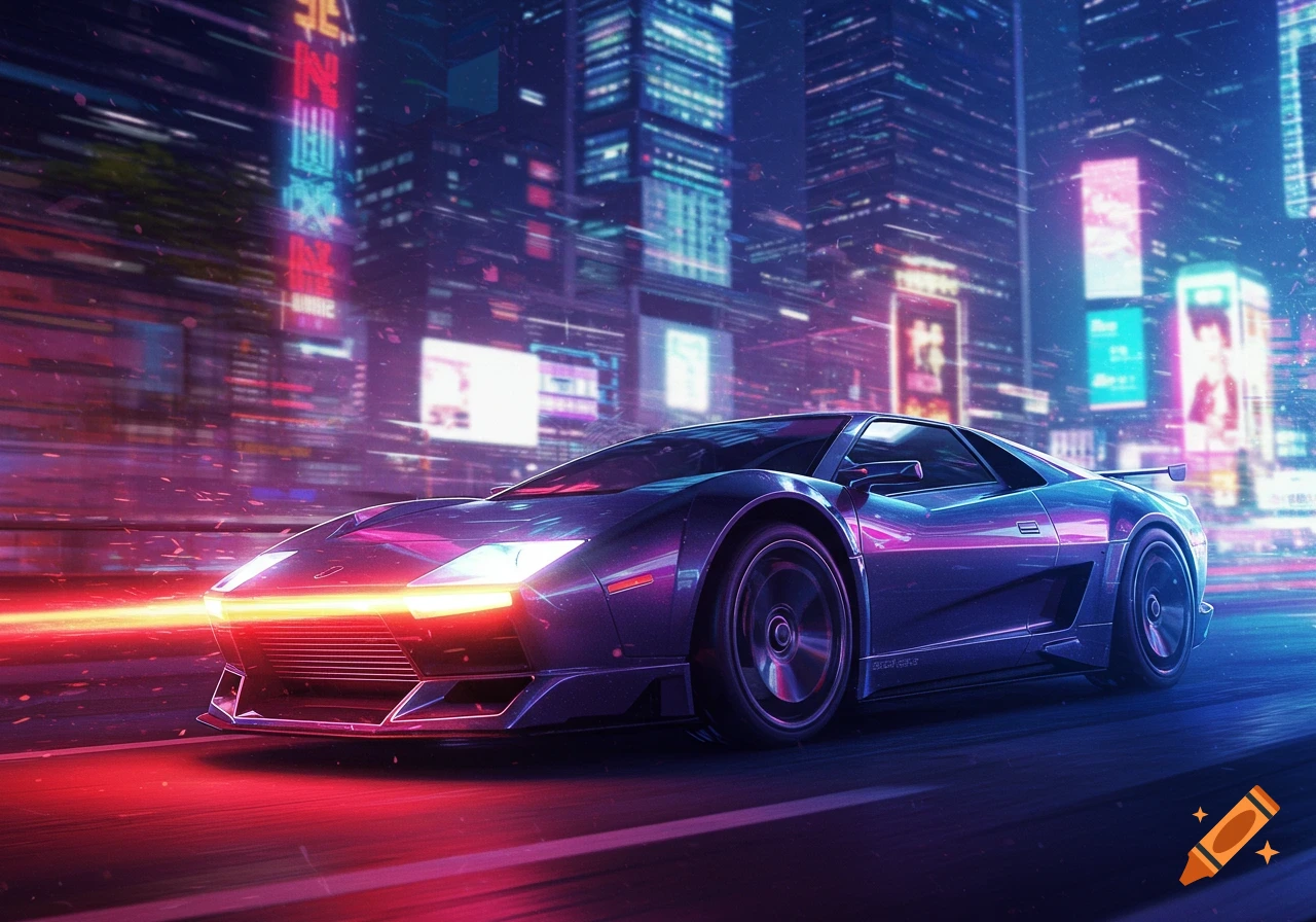 A sleek futuristic sports car with neon headlights speeds through a vibrant, glowing cyberpunk city at night.